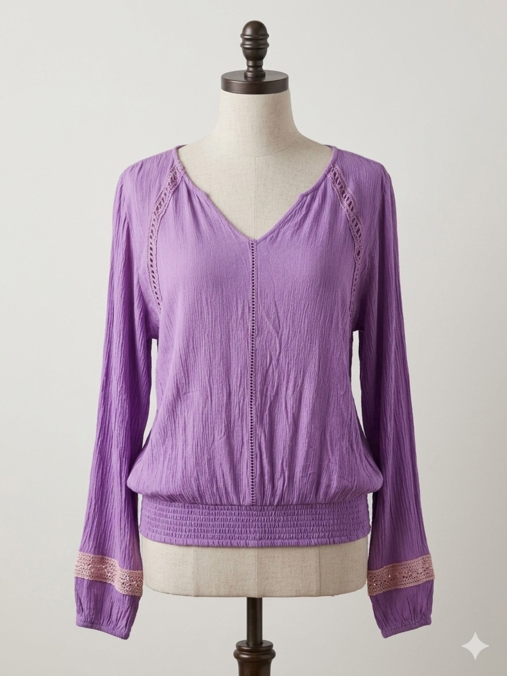 Ardene Purple V-Neck Long Sleeve Top with Crochet Trim